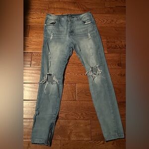 Trendy Distressed Men's Skinny Jeans in Light Blue